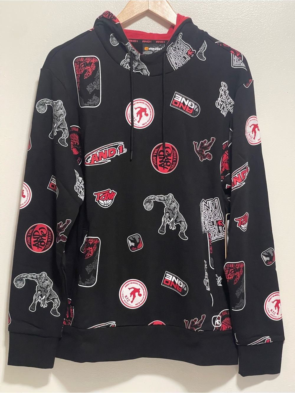 And1 Black Red and White Logo Graphic Pullover Hoodie